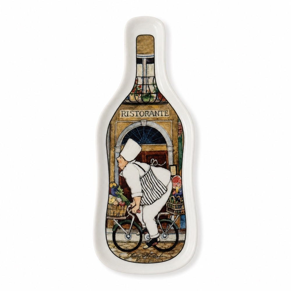 CounterArt Ceramic Wine Bottle Spoon Rest Italian Chef Ristorante Bicycle 9.5in